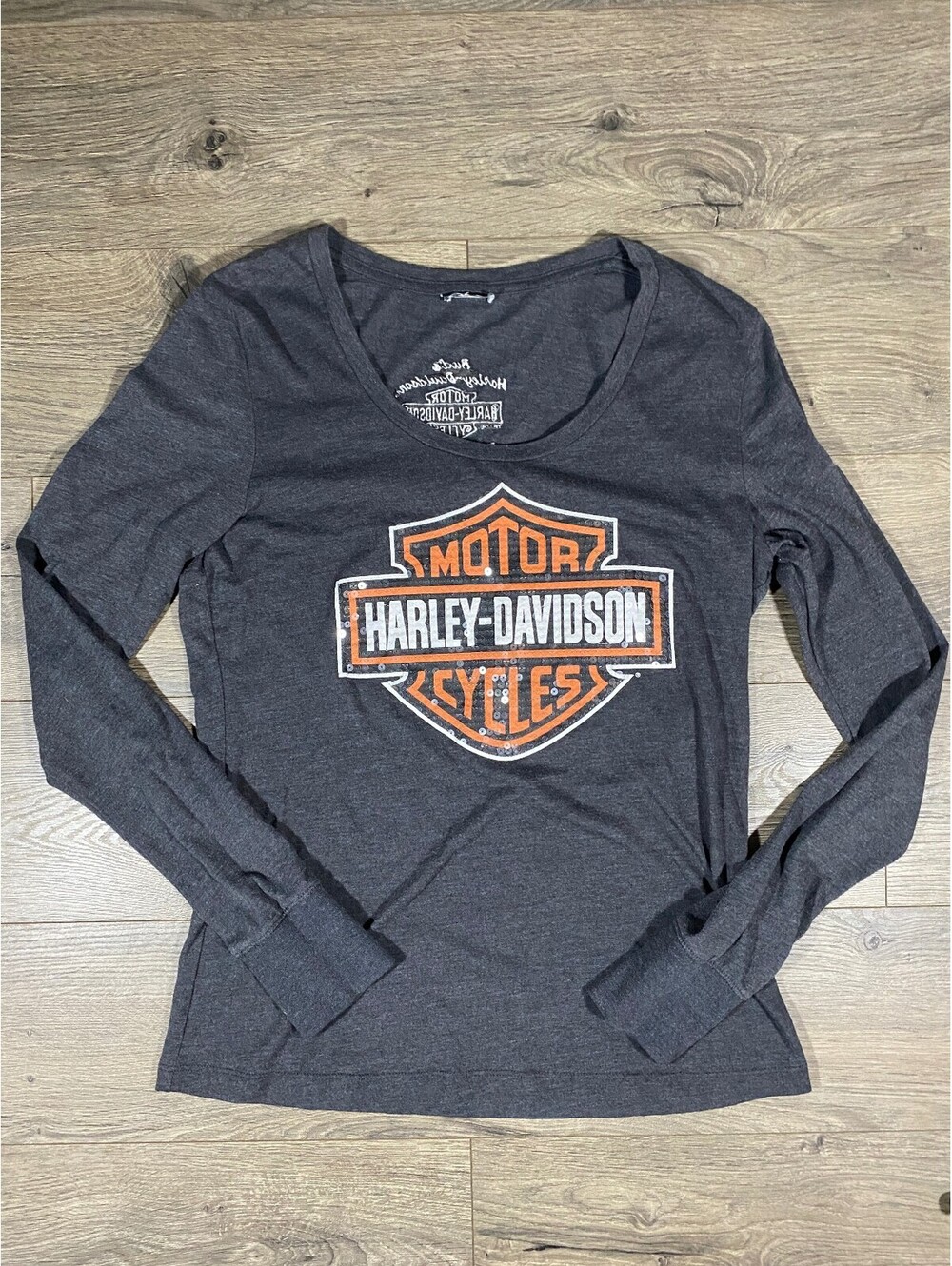 Harley Davidson Womens XS Gray Long Sleeve Thumbhole Evansville Dealer Shirt